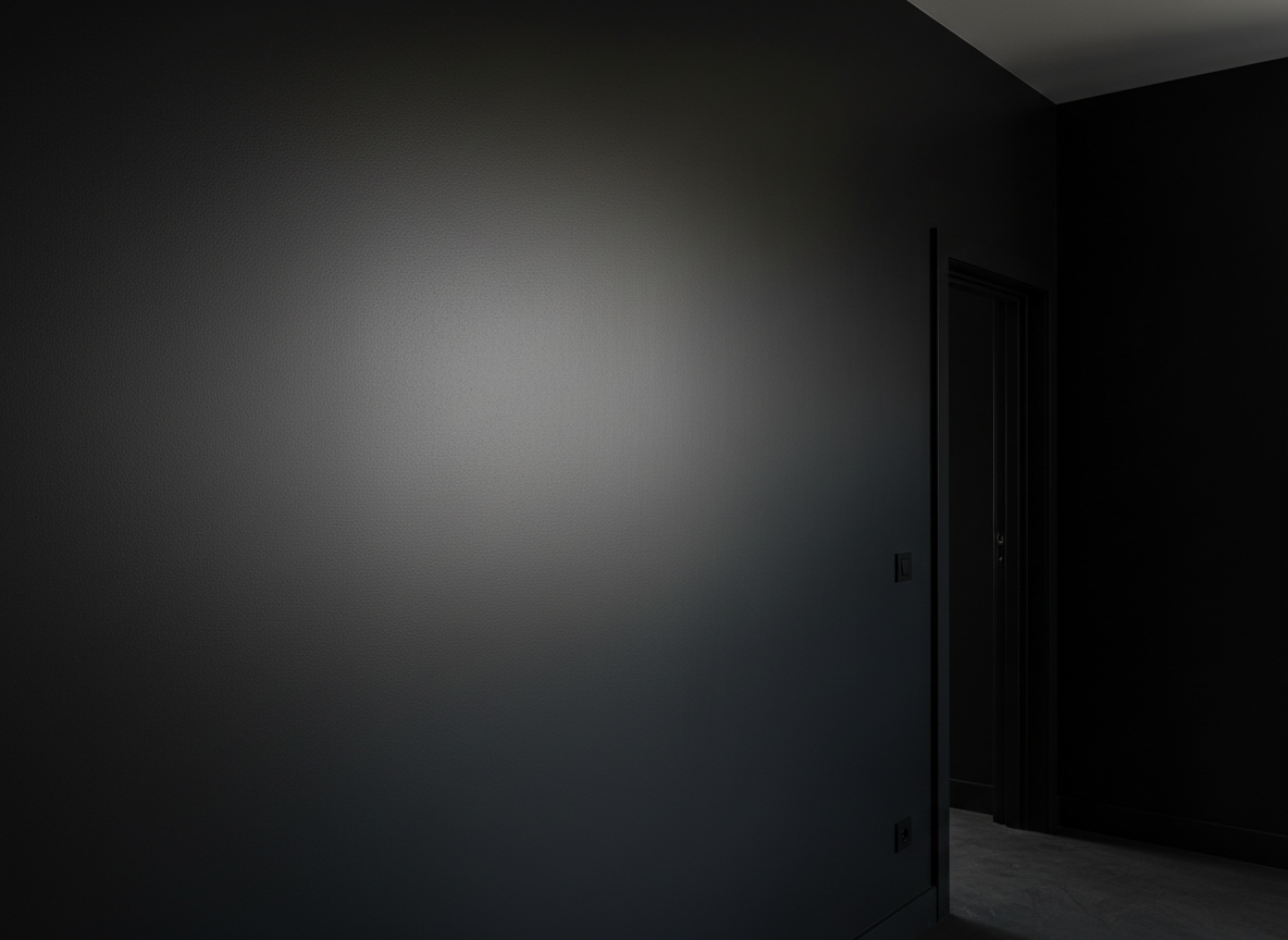 Cinematic dark editorial photograph of a freshly painted modern residential interior wall in deep charcoal and black tones
